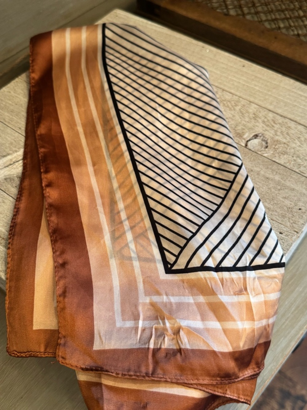 Striped Geometric Satin Scarf in White and Brown